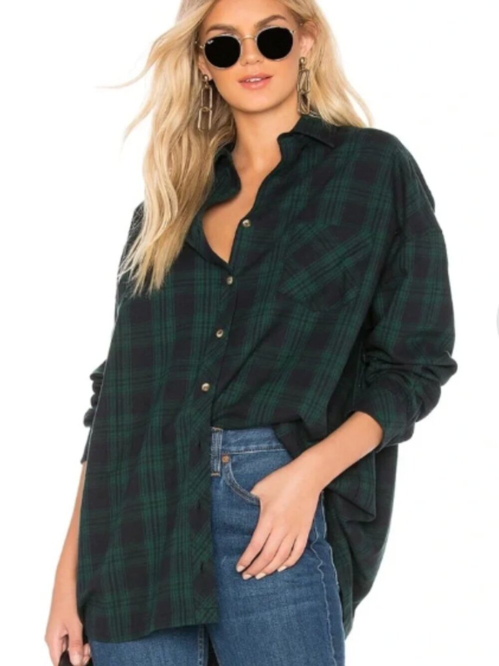 Superdown Revolve Oversized Audriana Flannel Shirt Green XS Relaxed